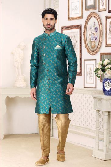 Banarasi Jacquard Teal Magnificent Readymade Men Indo Western For Wedding Wear
