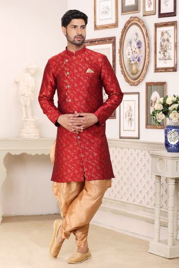 Maroon Color Banarasi Jacquard Fabric Wedding Wear Designer Readymade Indo Western For Men