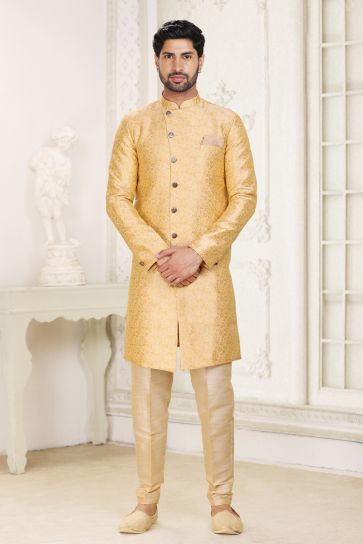 Banarasi Jacquard Fabric Beige Color Wedding Wear Designer Readymade Indo Western For Men