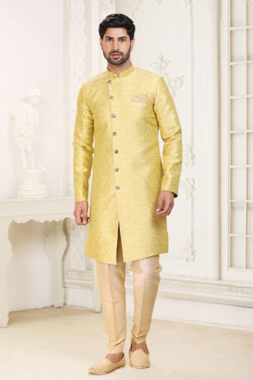 Yellow Color Wedding Wear Banarasi Jacquard Fabric Designer Readymade Indo Western For Men