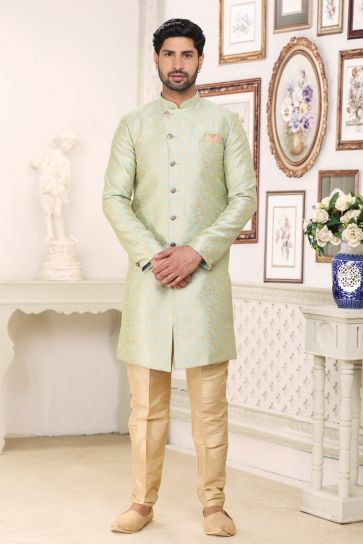 Sea Green Color Wedding Wear Banarasi Jacquard Fabric Designer Readymade Indo Western For Men