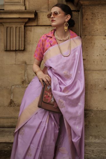Art Silk Fabric Lavender Color Delicate Weaving Work Saree