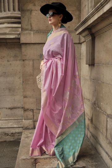 Weaving Work Pink Color Brilliant Saree In Art Silk Fabric