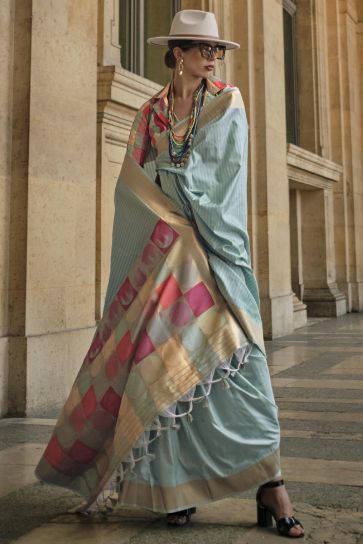 Art Silk Fabric Cyan Color Glamorous Weaving Work Saree