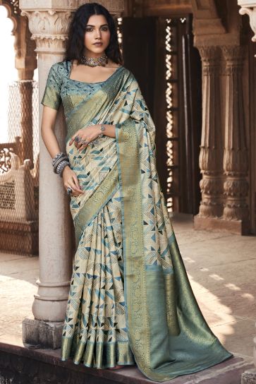 Multi Color Fancy Printed Handloom Silk Festive Wear Saree