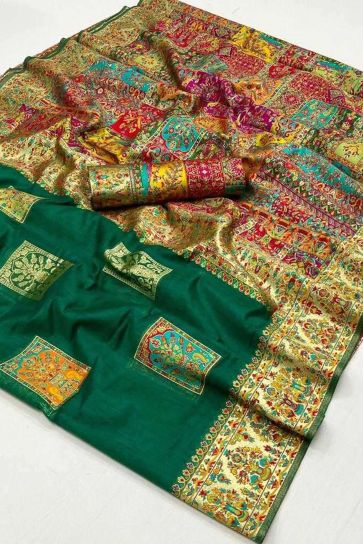 Green Color Glorious Kashmiri Modal Handloom Weaving Silk Saree With Kashmiri Blouse