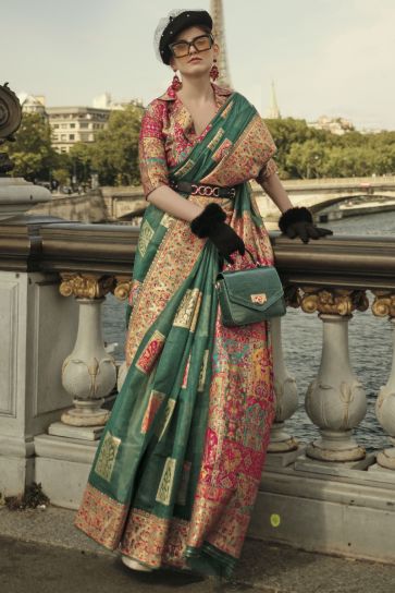 Green Color Glorious Kashmiri Modal Handloom Weaving Silk Saree With Kashmiri Blouse