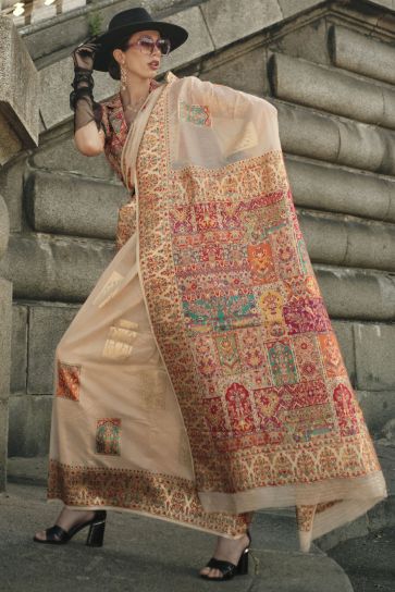 Beautiful Beige Color Kashmiri Modal Handloom Weaving Silk Saree With Kashmiri Blouse