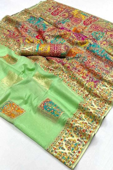 Blazing Sea Green Color Kashmiri Modal Handloom Weaving Silk Saree With Kashmiri Blouse