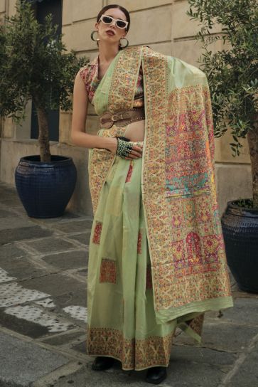 Blazing Sea Green Color Kashmiri Modal Handloom Weaving Silk Saree With Kashmiri Blouse