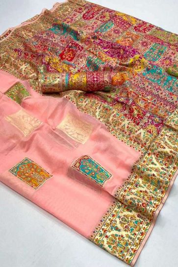 Pink Color Glamorous Kashmiri Modal Handloom Weaving Silk Saree With Kashmiri Blouse