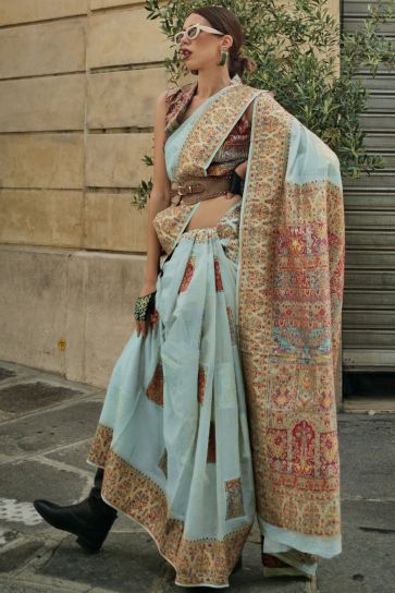 Attractive Kashmiri Modal Handloom Weaving Silk Saree In Light Cyan Color With Kashmiri Blouse
