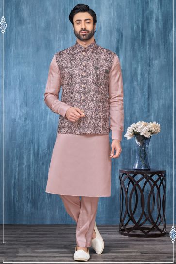 Banarasi Silk Fabric Pink Color Festive Wear Readymade Men Stylish Kurta Pyjama With Nehru Jacket set 