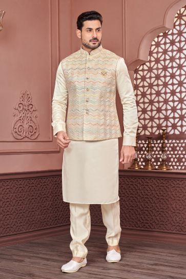 Banarasi Silk Cream Color Wedding Wear Readymade Designer Men Kurta Pyjama With Modi Jacket
