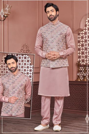 Stunning Pink Color Function Wear Readymade Men Kurta Pyjama With Jacket