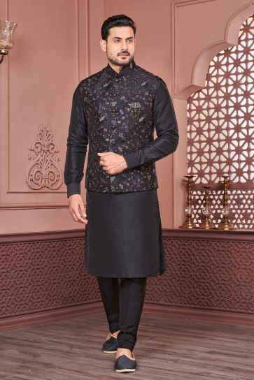 Gorgeous Black Color Banarasi Silk Fabric Function Wear Readymade Kurta Pyjama For Men With 3 Pcs Jacket Set