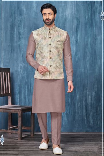Banarasi Silk Fabric Coffee Color Festive Wear Readymade Stunning Kurta Pyjama For Men With 3 Pcs Jacket Set