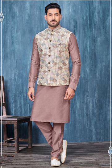 Coffee Color Sangeet Wear Readymade Lovely Banarasi Silk Fabric Kurta Pyjama For Men With 3 Pcs Jacket Set