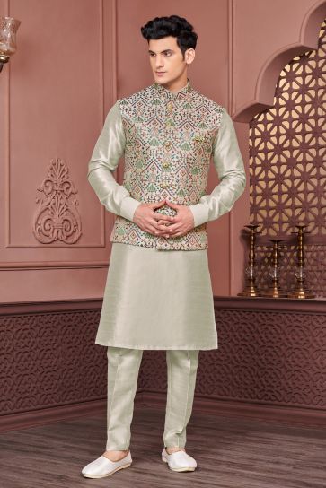 Banarasi Silk Fabric Wedding Wear Readymade Pretty Sea Green Color Kurta Pyjama For Men With 3 Pcs Jacket Set