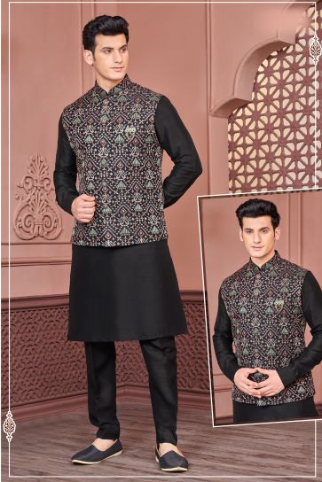 Moss Black Color Banarasi Silk Fabric Men Kurta Jacket Set
