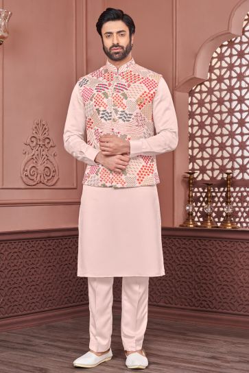 Peach Color Banarasi Silk Fabric Designer Long Kurta Pyjama With Jacket