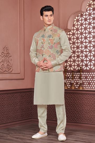 Embroidery Work Fancy Sea Green Color Banarasi Silk Fabric Function Wear Readymade Kurta Pyjama For Men With Jacket