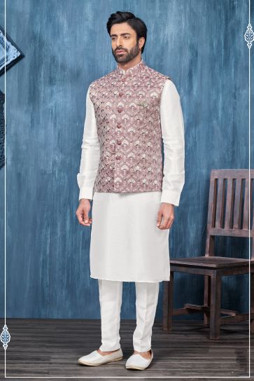Banarasi Silk Fabric Embroidery Work White Color Festive Wear Readymade Men Stylish Kurta Pyjama With Jacket