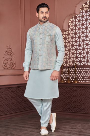 Banarasi Silk Sky Blue Color Wedding Wear Embroidery Work Readymade Designer Men Kurta Pyjama With Jacket