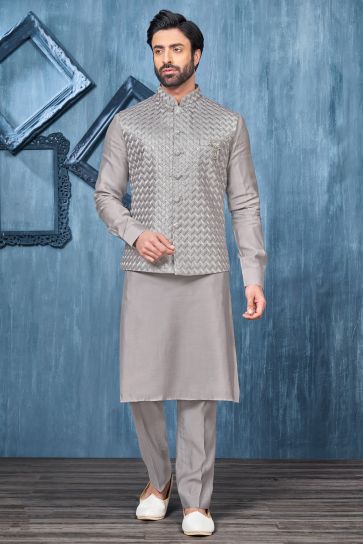 Banarasi Silk Embroidery Work Grey Magnificent Readymade Men Kurta Pyjama With Jacket