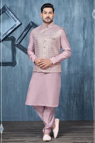 Lavender Color Banarasi Silk Fabric Readymade Embroidery Work Men Kurta Pyjama With Jacket