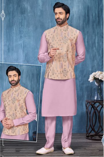Embroidery Work Lavender Color Reception Wear Readymade Banarasi Silk Fabric Kurta Pyjama For Men With Jacket