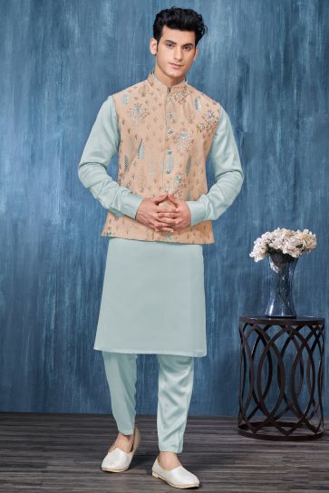 Banarasi Silk Fabric Embroidery Work Function Wear Readymade Cyan Color Kurta Pyjama For Men With Jacket