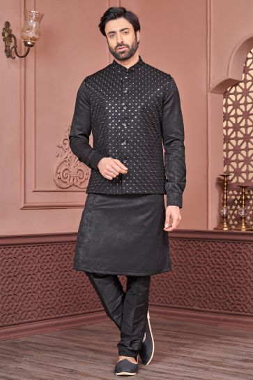 Black Banarasi Silk Fabric Festive Wear Embroidery Work Readymade Kurta Pyjama For Men With Jacket