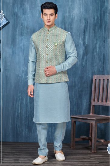 Cyan Color Embroidery Work Banarasi Silk Fabric Function Wear Fancy Readymade Kurta Pyjama For Men With Jacket