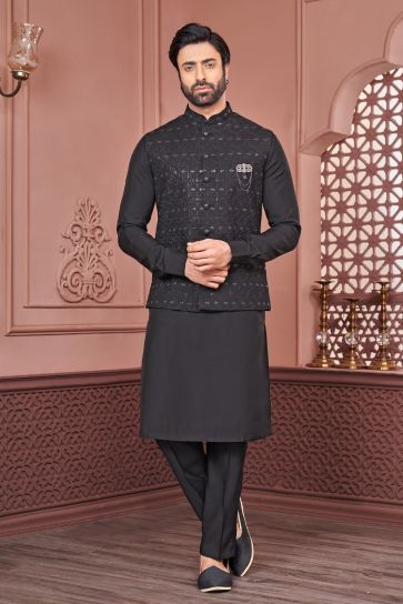Banarasi Silk Fabric Black Color Embroidery Work Festive Wear Trendy Readymade Men Kurta Pyjama With Jacket