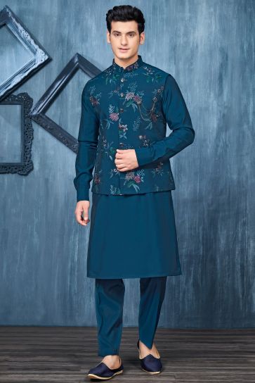 Teal Color Sangeet Wear Banarasi Silk Fabric Embroidery Work Designer Readymade Kurta Pyjama For Men With Jacket