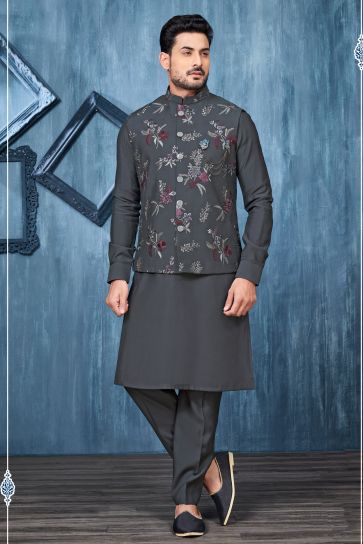 Embroidery Work Appealing Grey Color Banarasi Silk Fabric Function Wear Readymade Kurta Pyjama For Men With Jacket