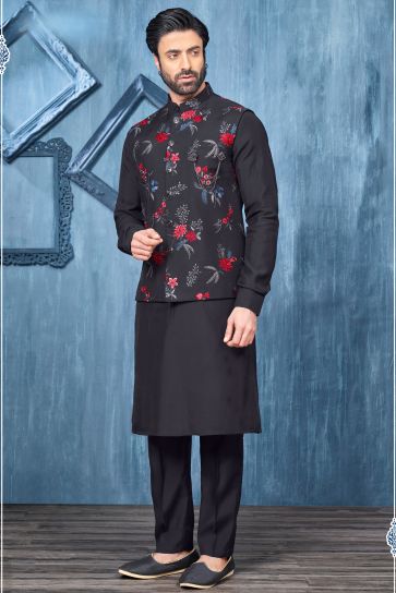 Black Color Embroidery Work Engaging Banarasi Silk Fabric Festive Wear Readymade Kurta Pyjama For Men With Jacket