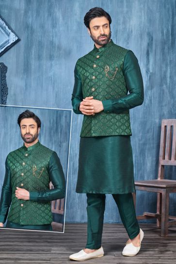 Green Color Banarasi Silk Fabric Embroidery Work Festive Wear Captivating Readymade Kurta Pyjama For Men With Jacket