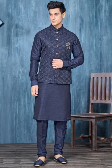 Fetching Navy Blue Banarasi Silk Fabric Sangeet Wear Embroidery Work Readymade Kurta Pyjama For Men With Jacket