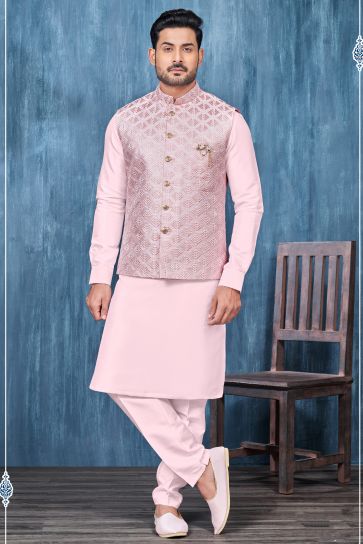 Embroidery Work Pink Color Gorgeous Banarasi Silk Wedding Wear Readymade Kurta Pyjama For Men With Jacket