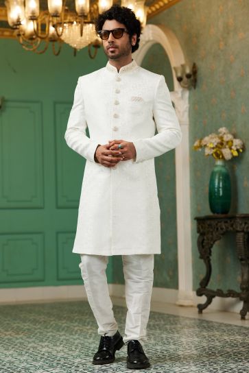 Lovely Off White Color Jacquard Silk Sangeet Wear Readymade Indo Western For Men