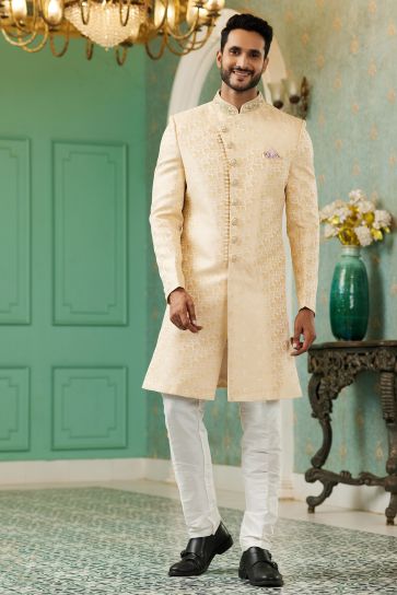 Golden Color Sangeet Wear Pretty Readymade Indo Western For Men In Jacquard Silk Fabric