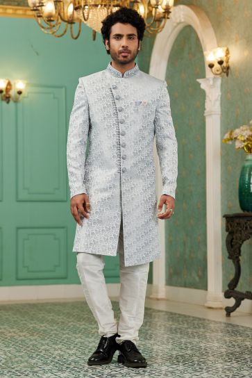 Reception Wear Attractive Readymade Indo Western For Men In Grey Color Jacquard Silk Fabric