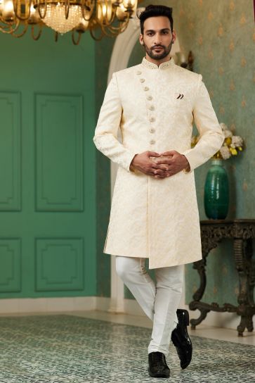 Fancy Beige Color Jacquard Silk Fabric Wedding Wear Readymade Indo Western For Men