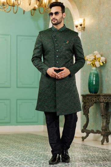 Dark Green Jacquard Silk Fabric Sangeet Wear Trendy Readymade Indo Western For Men