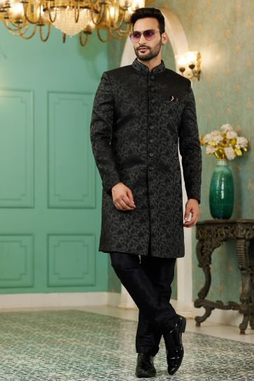 Jacquard Silk Black Color Wedding Wear Readymade Designer Men Indo Western