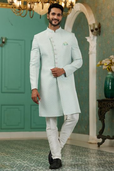 Sky Blue Gorgeous Jacquard Silk Fabric Reception Wear Readymade Indo Western For Men