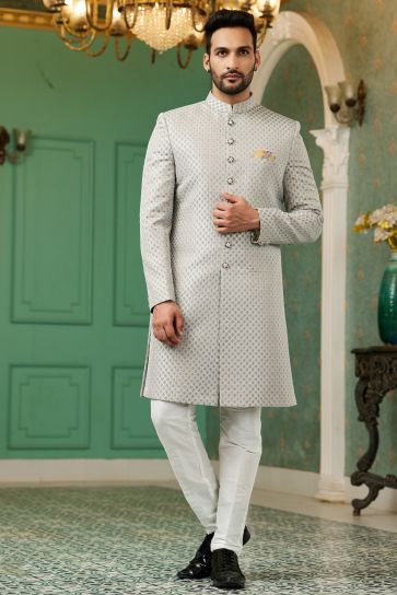 Jacquard Silk Stunning Grey Color Wedding Wear Readymade Men Indo Western