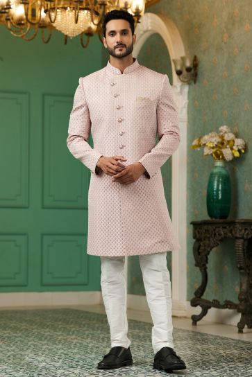 Sangeet Wear Pink Jacquard Silk Readymade Lovely Indo Western For Men